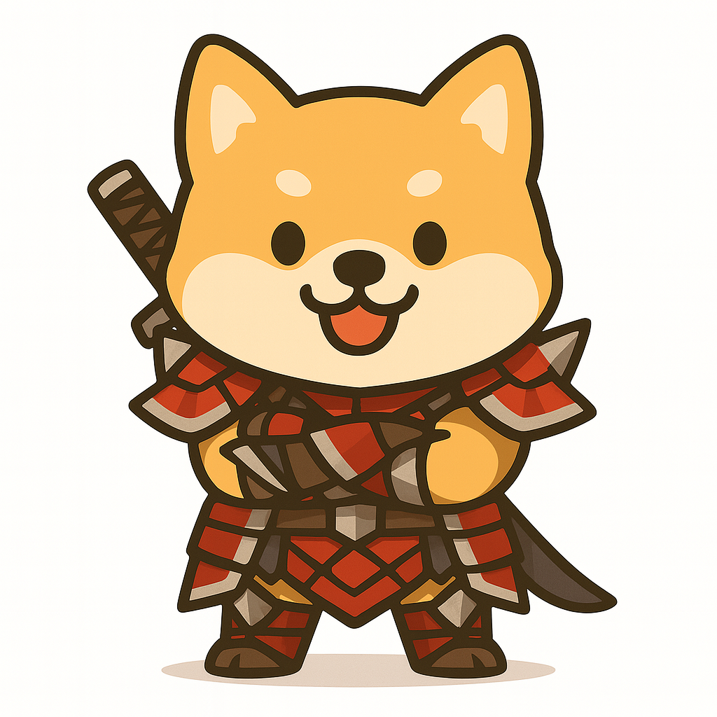 赤い鎧を着て腕を組んだ柴犬のキャラクター（この記事の執筆者）